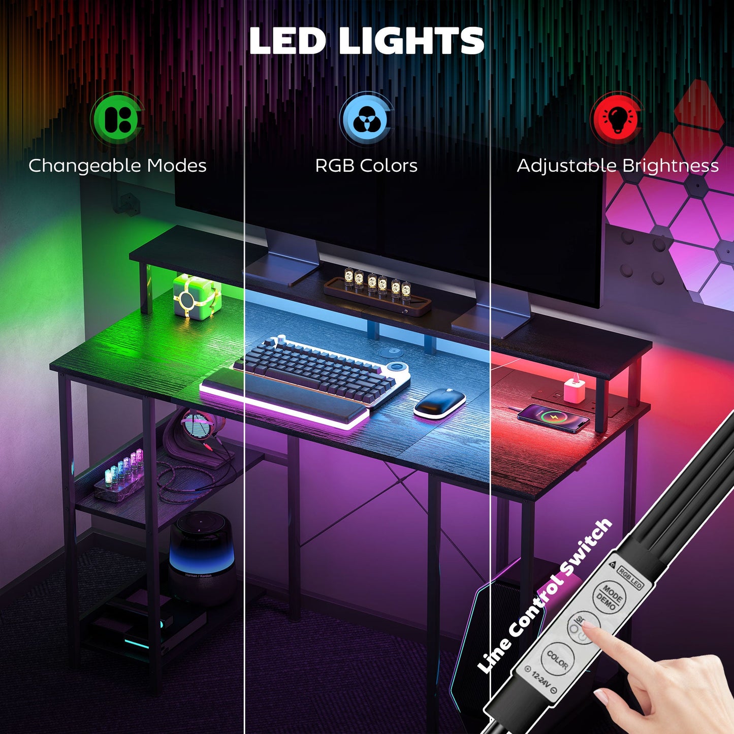 HOMCOM LED Computer Desk, with Power Outlets and Shelves - Black