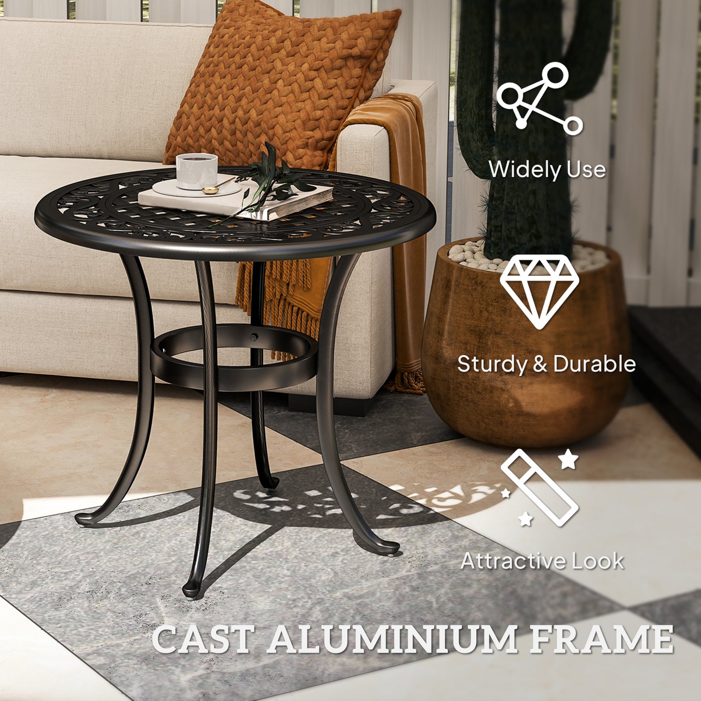 Outsunny Outdoor Garden Table, Cast Aluminium Patio End Table with Anti-slip Foot Pads for Garden, Patio, Balcony, 60 x 52.5cm, Black