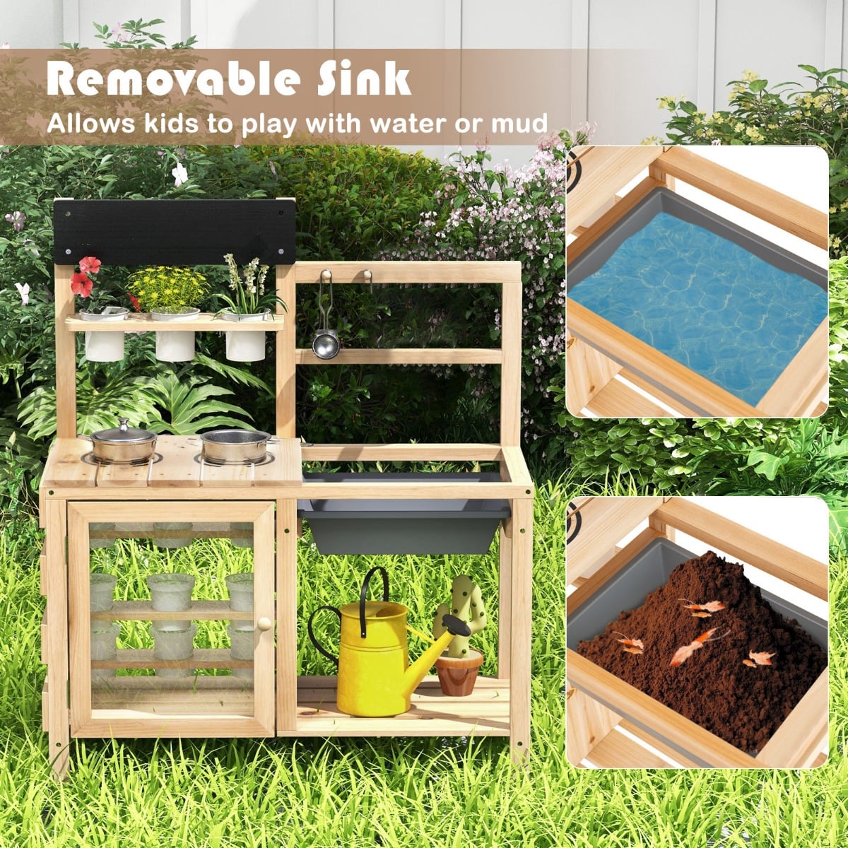 Patio Wooden Pretend Play Kitchen with Plants Observation Room for Kids Outdoor-Natural