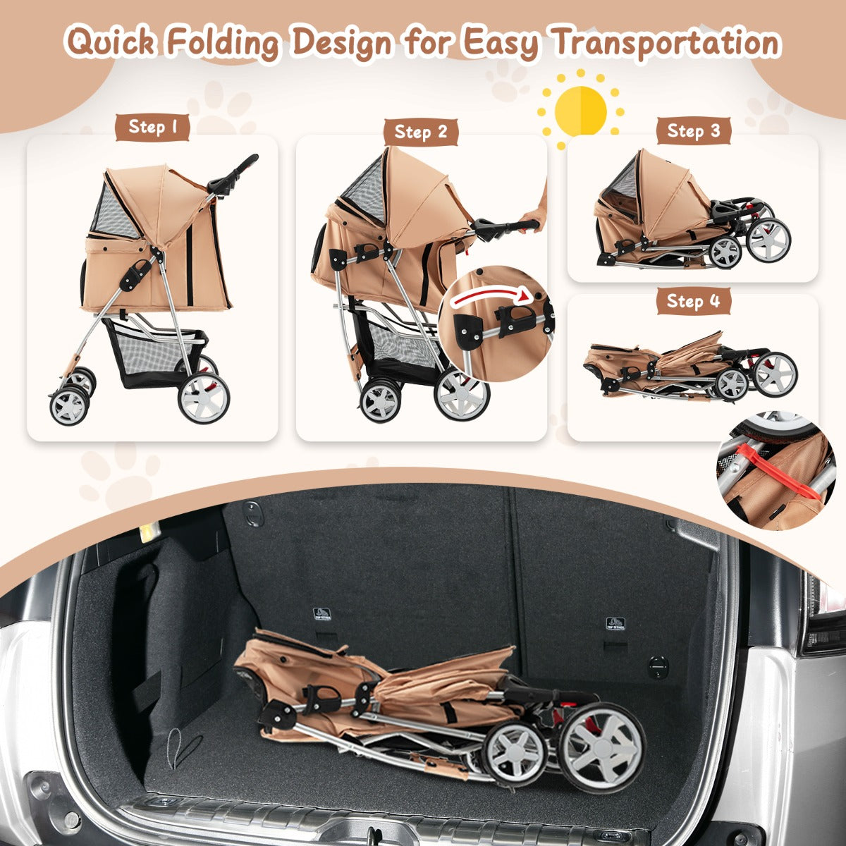 4-Wheel Folding Pet Stroller with Mesh Windows & Storage Basket-Beige