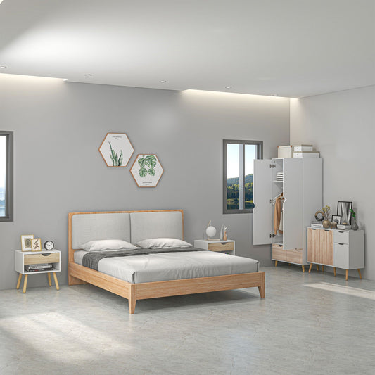 HOMCOM Bedroom Furniture Set, Wardrobe with Hanging Rod, Side Cabinet with Wood Legs, Bedside Table with Drawer, Nature Wood Finish and White
