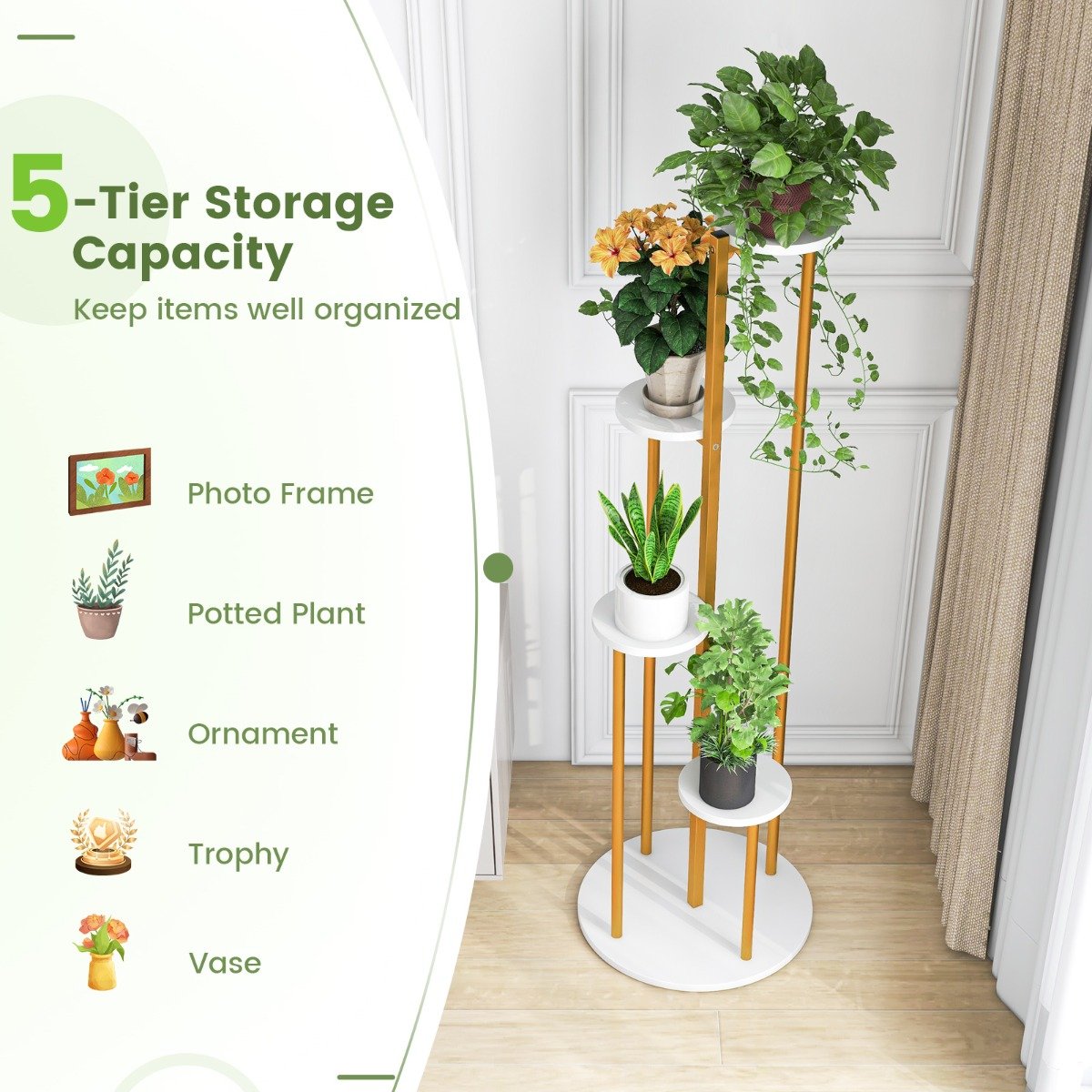 Heavy-Duty Tall Corner Indoor Metal Plant Stand for Potted Plant-White
