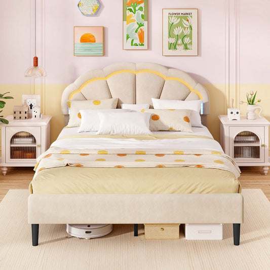 Platform Bed with Adjustable Petal Headboard and Wooden Slats Support-King Size