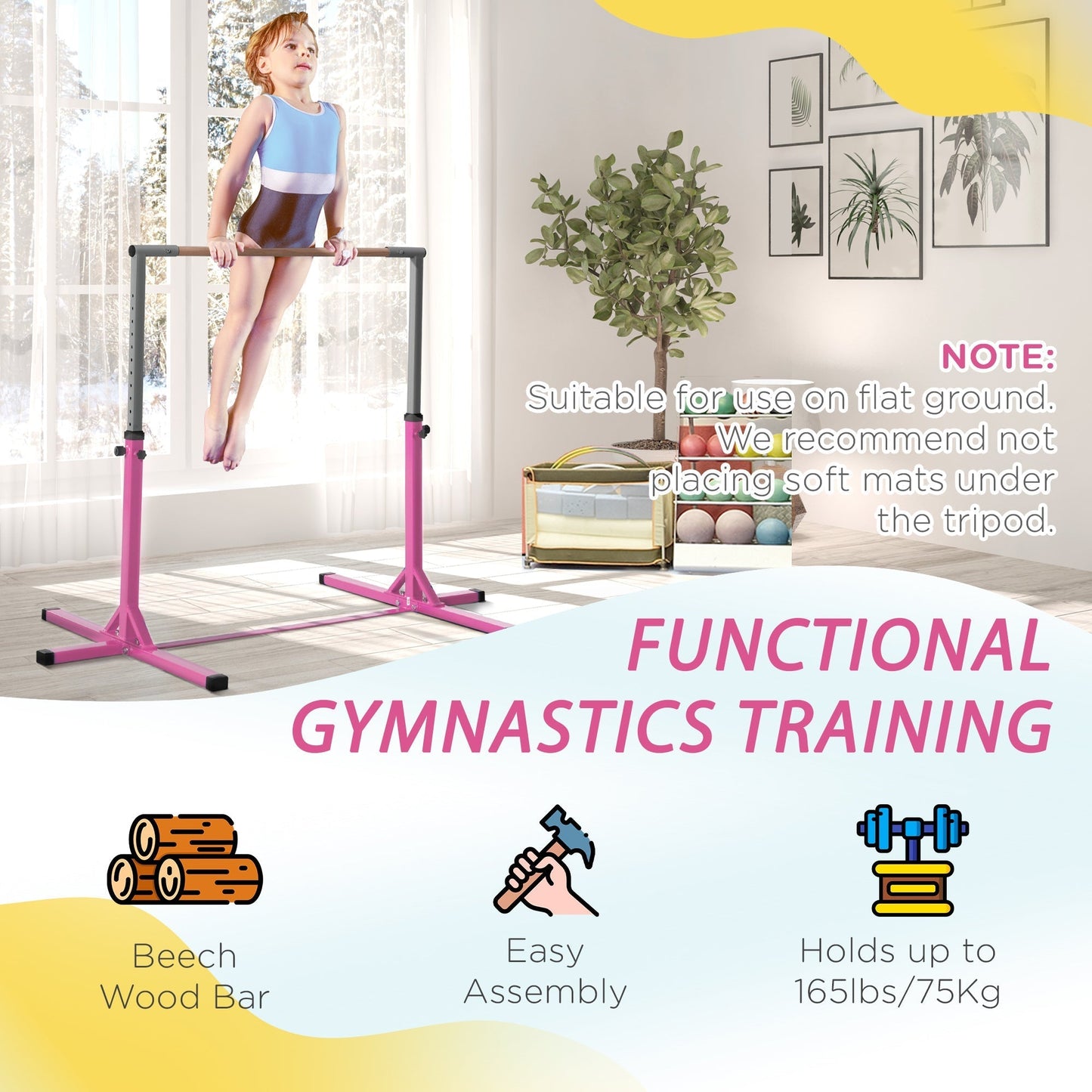 HOMCOM Height Adjustable Gymnastics Horizontal Bar for Kids, Children Junior Kip High Bar Fitness, Pink