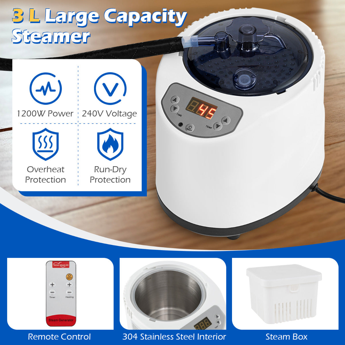 Portable Steam Sauna Box Extra-Large Tent 3L/1200W Fast-Heat Steamer-Blue