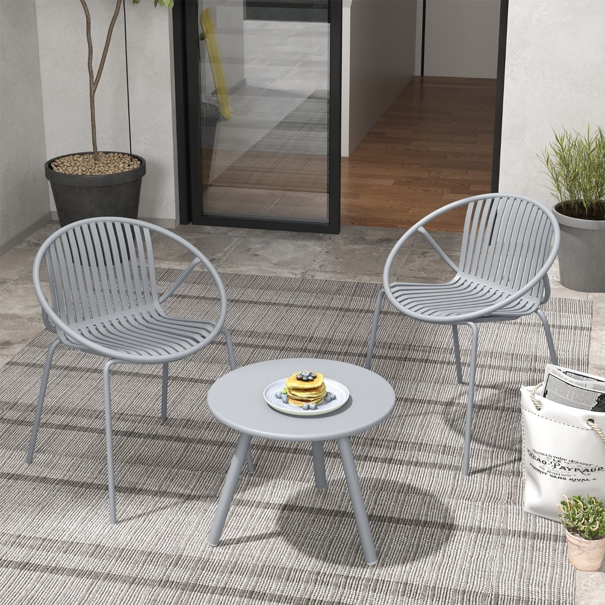 All Weather PP Patio Conversation 3 Pieces Bistro Set with Round Coffee table-Grey