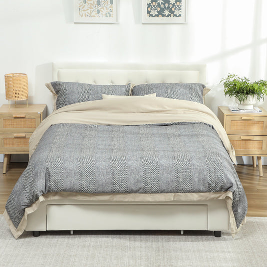 HOMCOM Double Ottoman Bed Frame, with Front Drawer - Cream