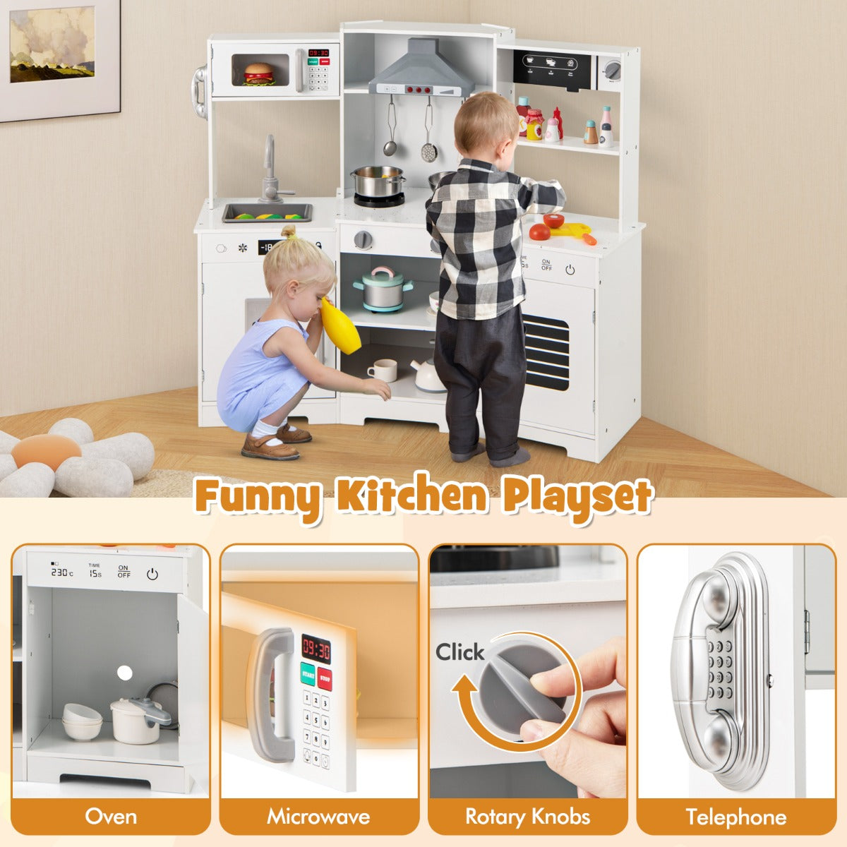 Wooden Pretend Play Kitchen with Real Sounds and Lights-White