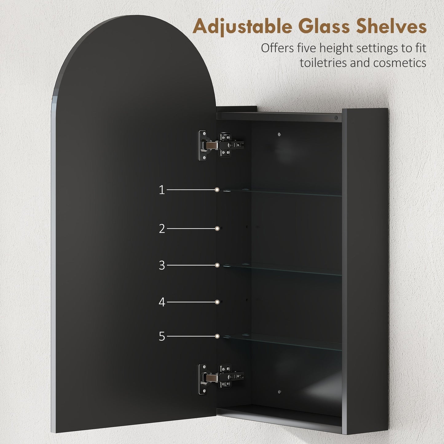 HOMCOM Arched Bathroom Mirror Cabinet with Adjustable Glass Shelves - Black