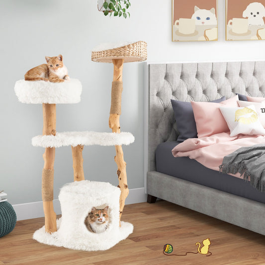 124 CM Tall Wooden Cat Tree with Jute Scratching Posts-White
