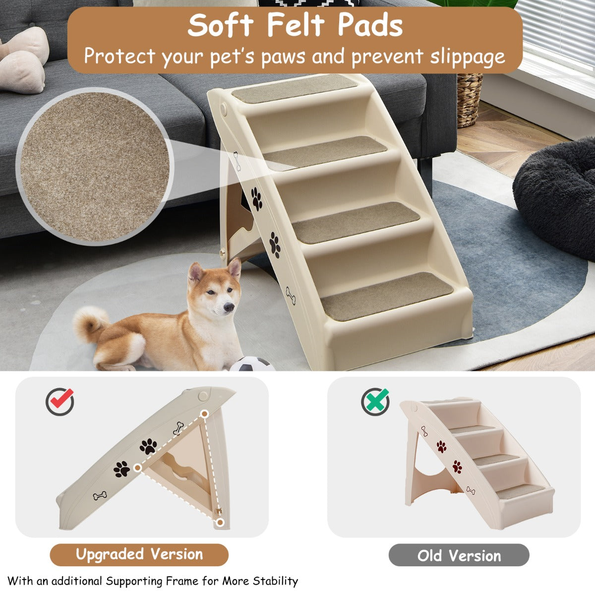 Folding Plastic Pet Stairs with Non-slip Pad for Cat & Dog