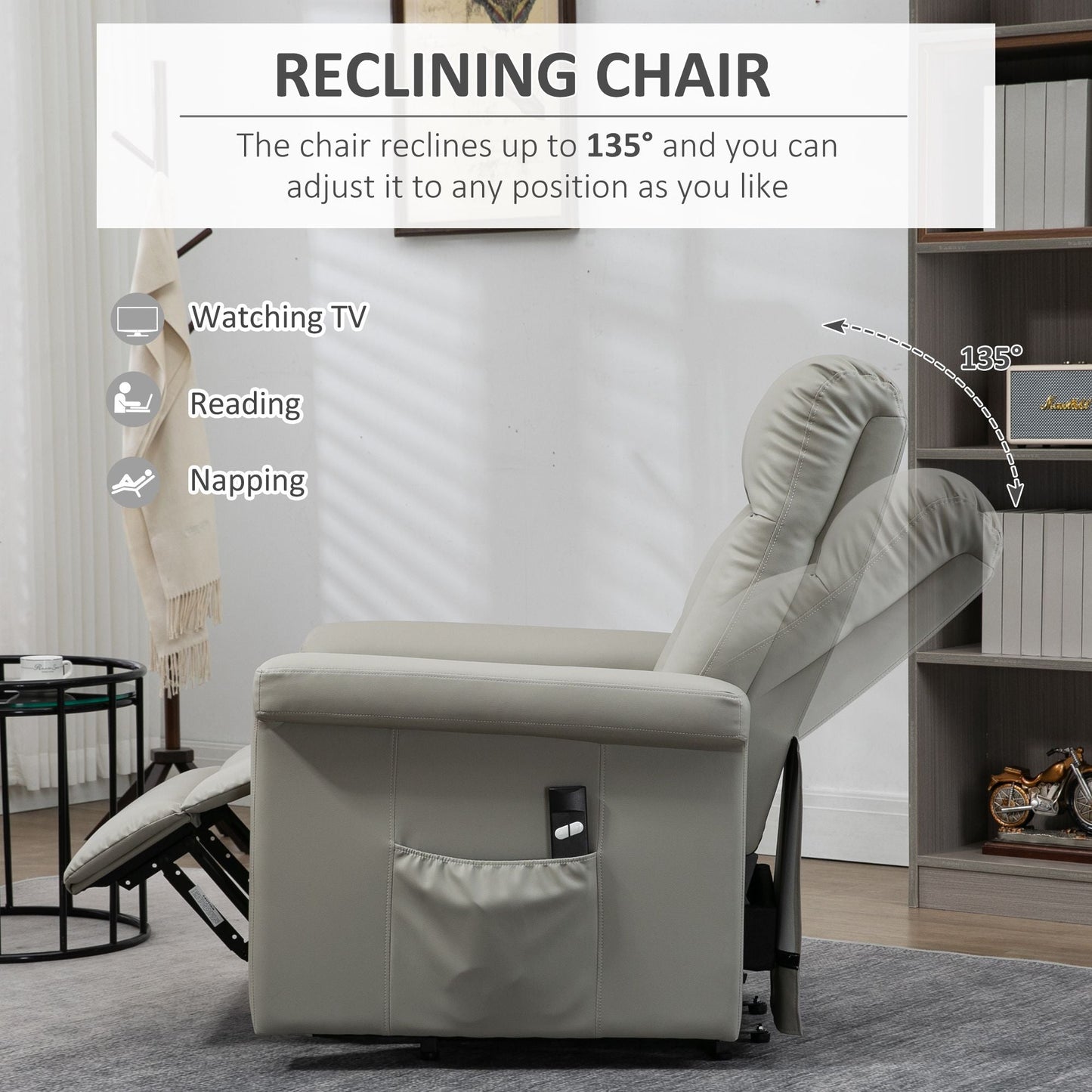 HOMCOM Power Lift Chair Armchair for the Elderly, PU Leather Recliner Chair with Extended Footrest, Remote Control and Side Pocket, Grey