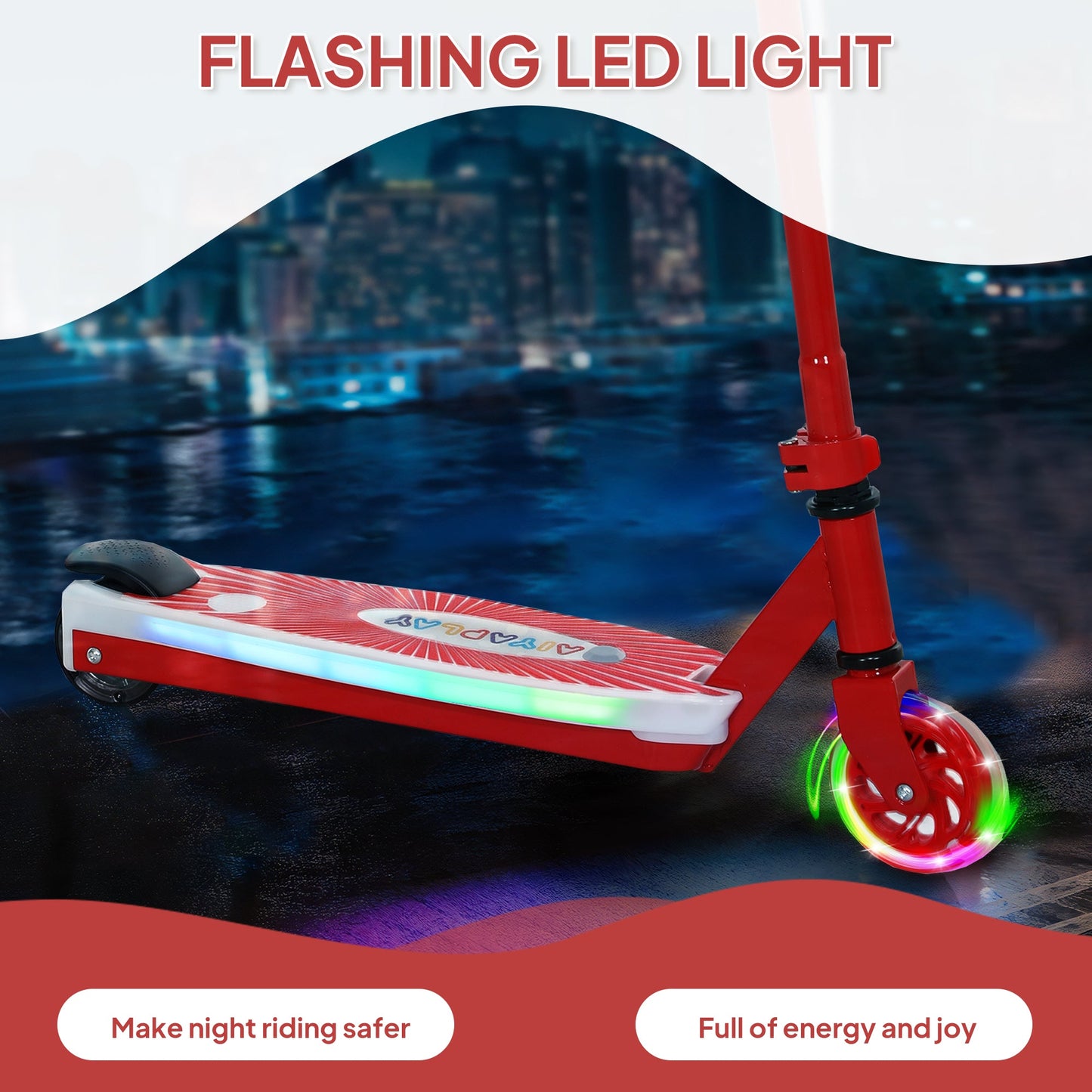 AIYAPLAY Electric Scooter for Kids Aged 4-7 Years, with Flashing LED Lights, Rear Auxiliary Wheels, Red