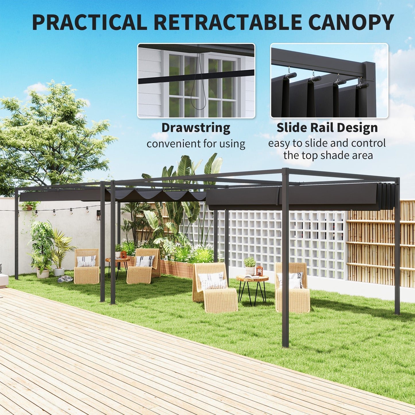 Outsunny 4 x 3m Metal Pergola, with Retractable Canopy Roof - Black