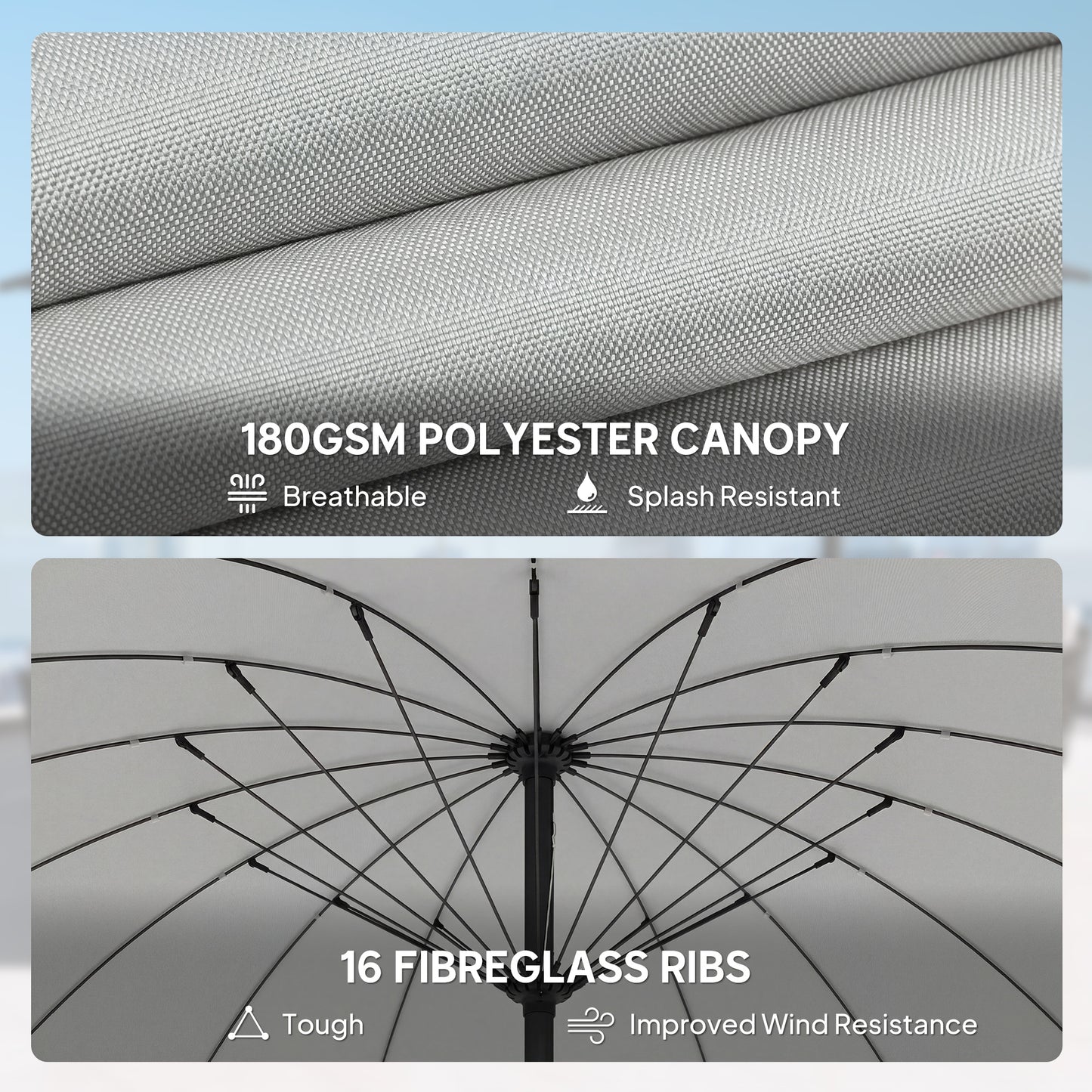 Outsunny 2 m Shanghai Garden Parasol Umbrella with 16 Fibreglass Ribs, Outdoor Parasol Sun Shade with Crank & Tilt, Light Grey