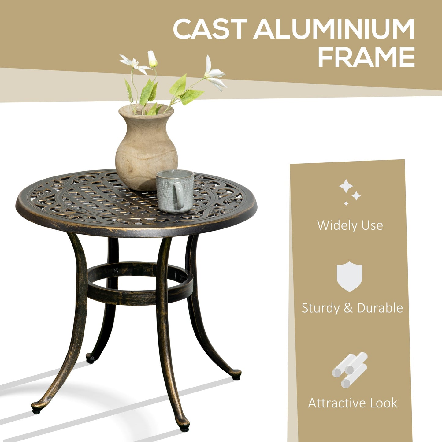 Outsunny Outdoor Garden Table, Cast Aluminium Patio End Table with Anti-slip Foot Pads for Garden, Patio, Balcony, 60 x 52.5cm, Bronze