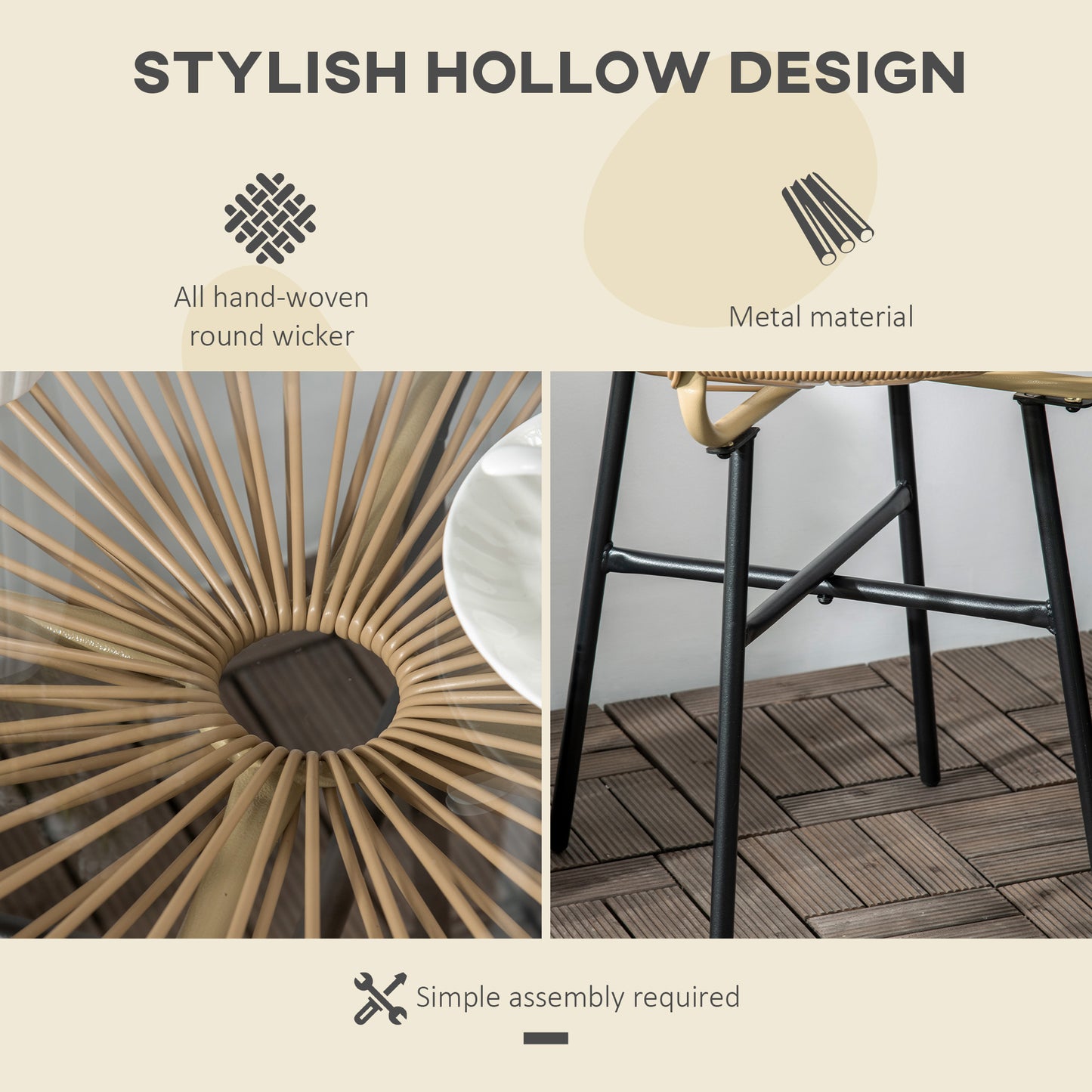 Outsunny Rattan Side Table, Round Outdoor Coffee Table, with Round PE Rattan and Tempered Glass Tabletop for Patio, Garden, Balcony, Beige