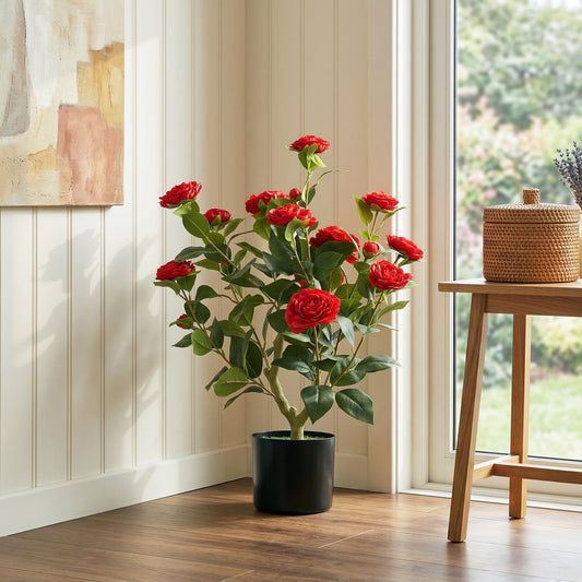 HOMCOM 65cm Artificial Camellia Flower Plant in Pot with 116 Lush Leaves & Moss Effect, Red