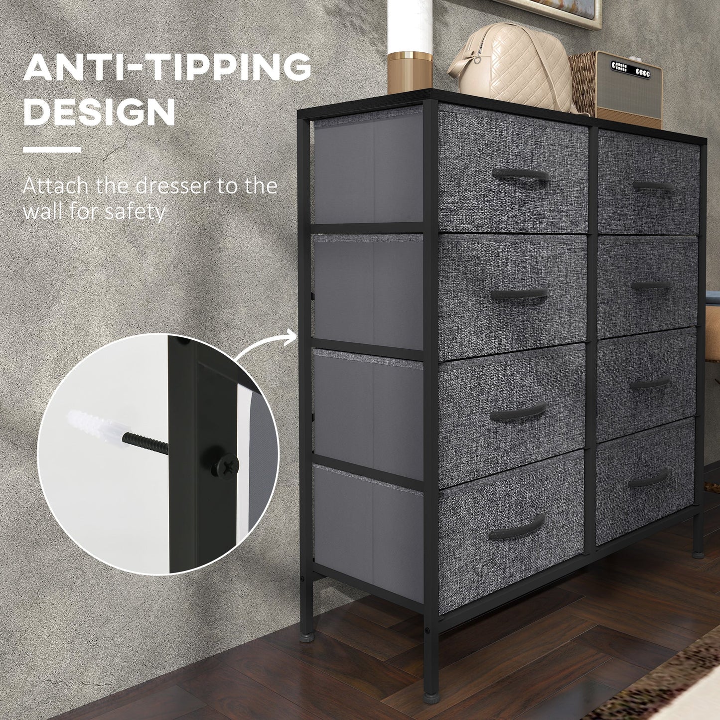 HOMCOM Fabric Chest of Drawers, Industrial Bedroom Dresser with 8 Fabric Drawers, Steel Frame and Wooden Top for Nursery, Living Room, Hallway, Black