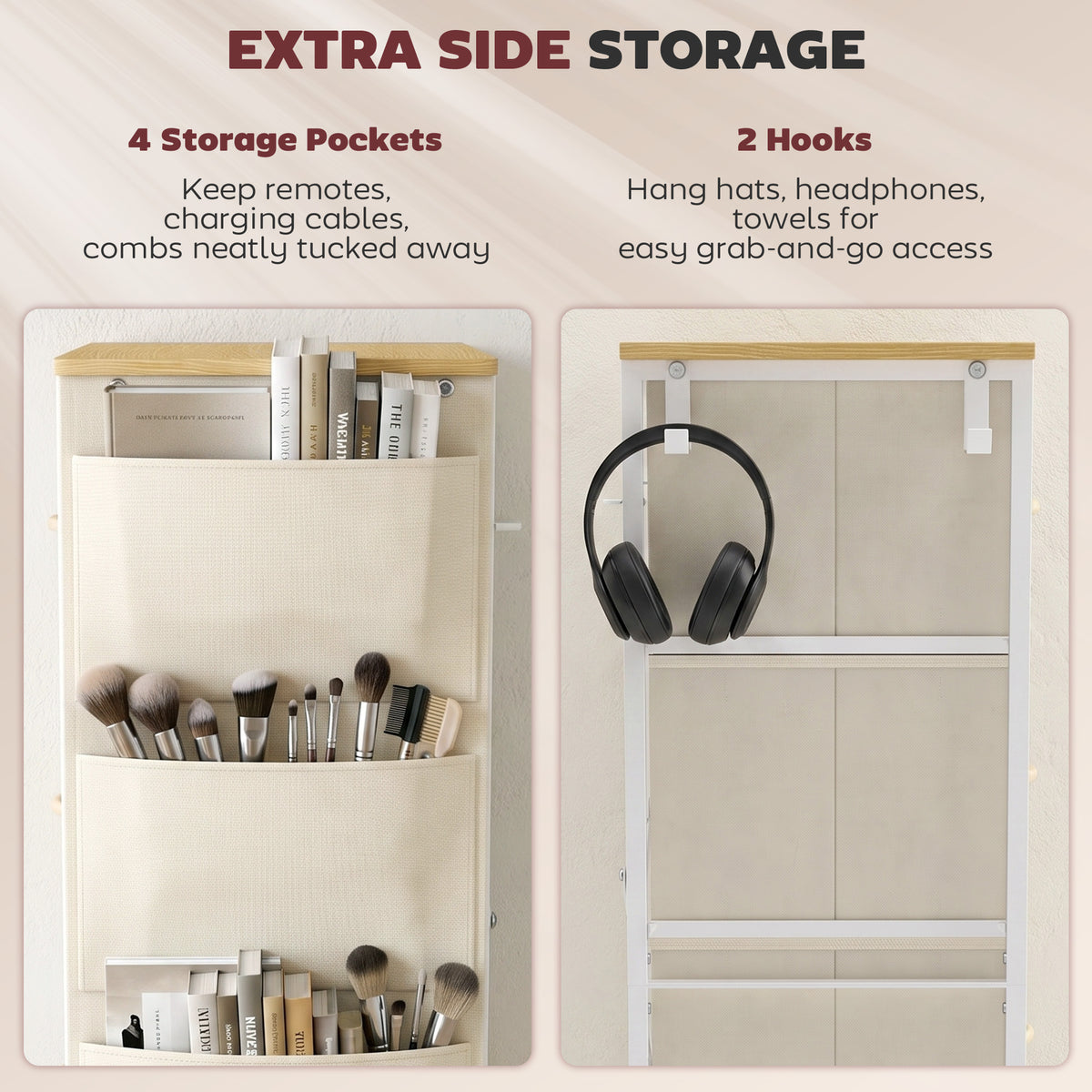 HOMCOM Chest of Drawers, Dresser with 5 Fabric Drawers, Tall Storage Unit with 4 Pockets and 2 Hooks Steel Frame, Beige