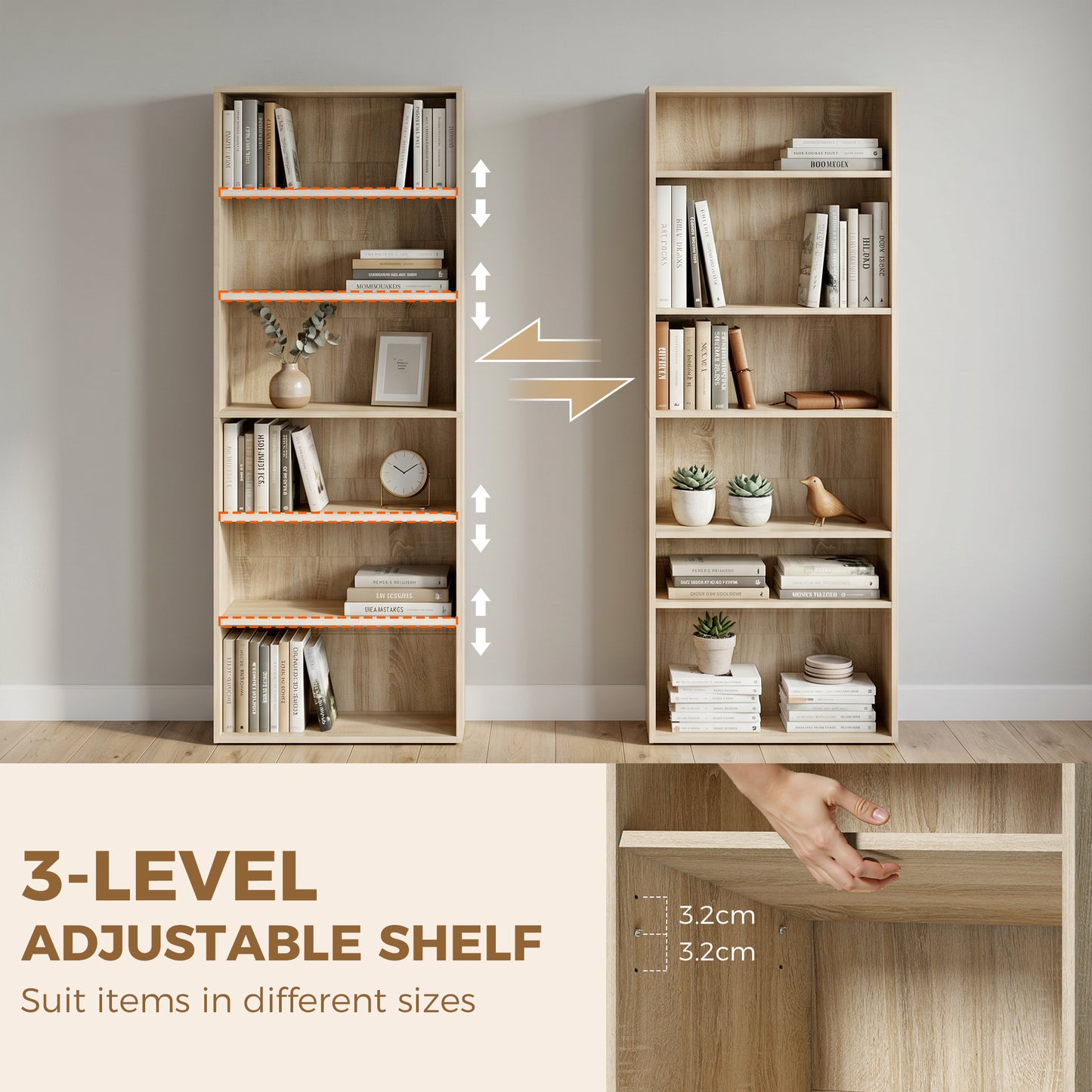 HOMCOM Freestanding Bookcase, 6 Tier Bookshelf with Adjustable Shelves for Living Room, Study, Oak