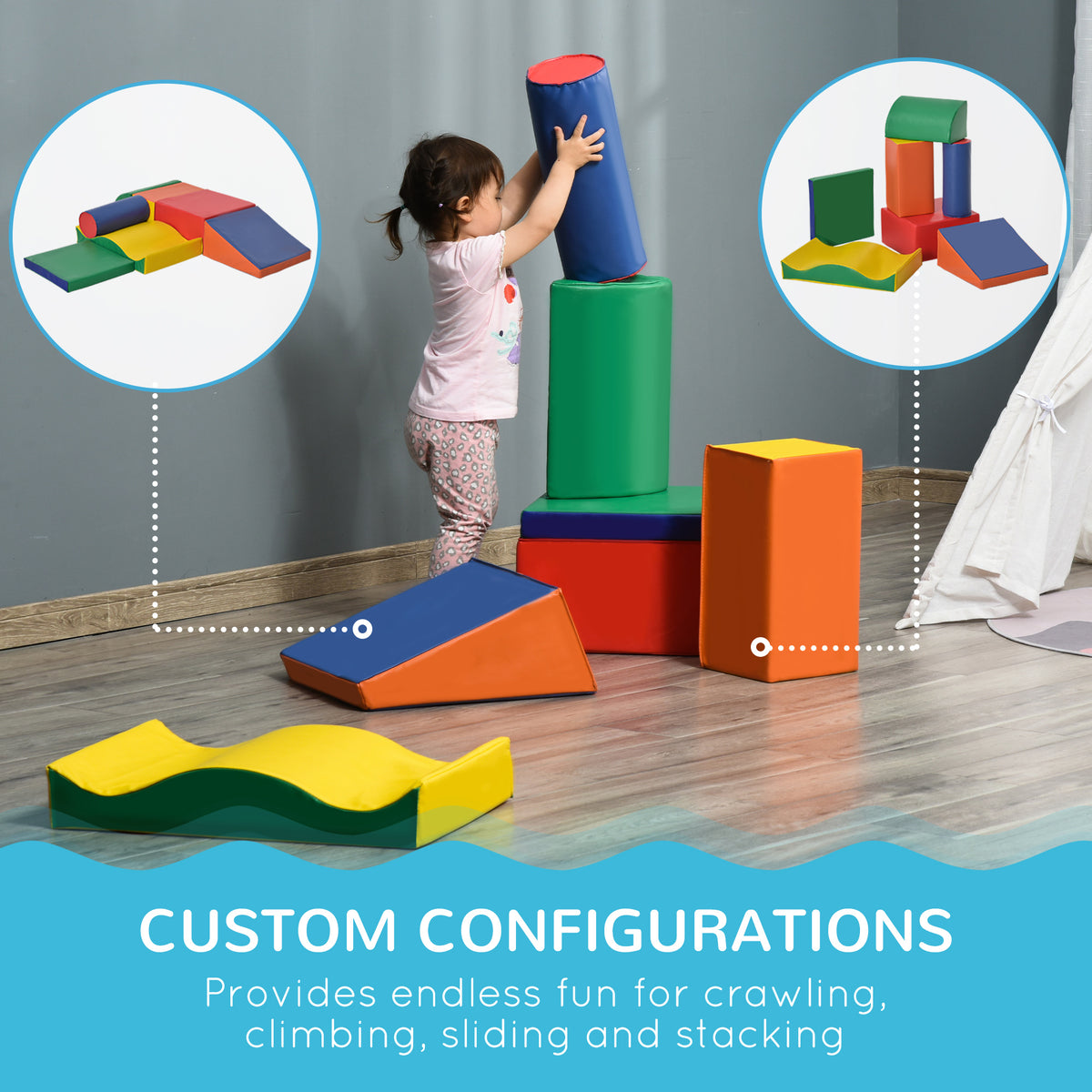 HOMCOM Soft Play Set, 7 Piece Foam Blocks, Toddler Climb and Crawl Activity Set for 1-3 Years, Soft Play Equipment for Building and Stacking, Educational Play, Red