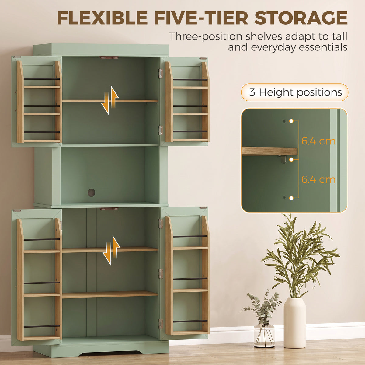 HOMCOM 183 cm Tall Kitchen Cupboard, Kitchen Cabinet with Open Countertop, Door Racks and Adjustable Shelves, Sage Green