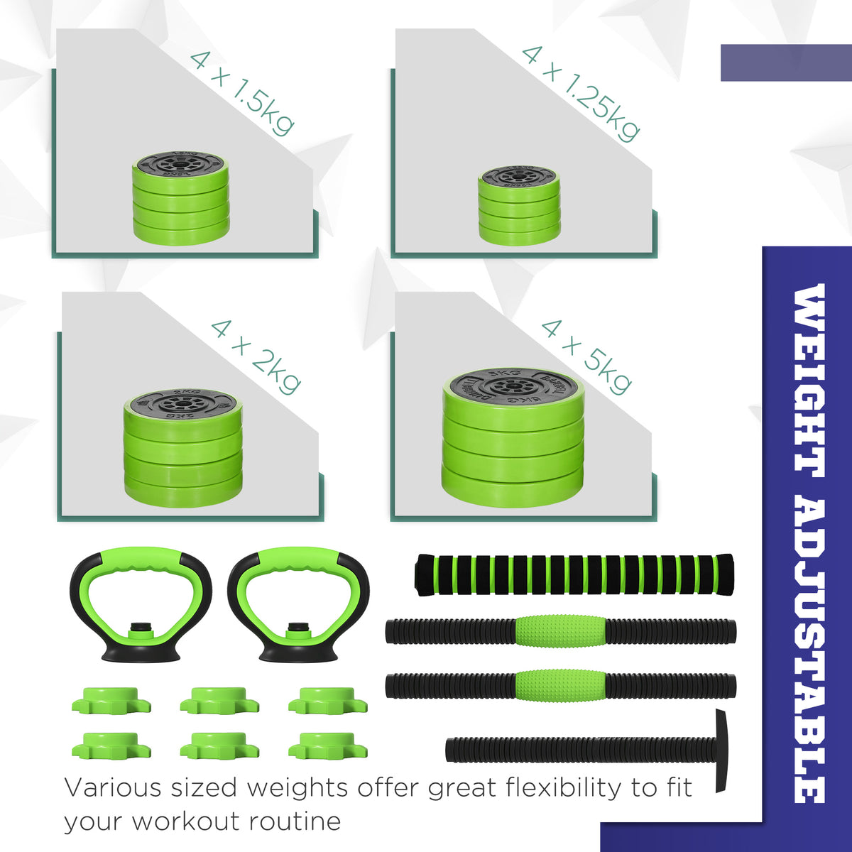 SPORTNOW 40kg 6-in-1 Adjustable Weight Dumbbells Set, Barbell, Kettlebell, Push Up Stand - Green
