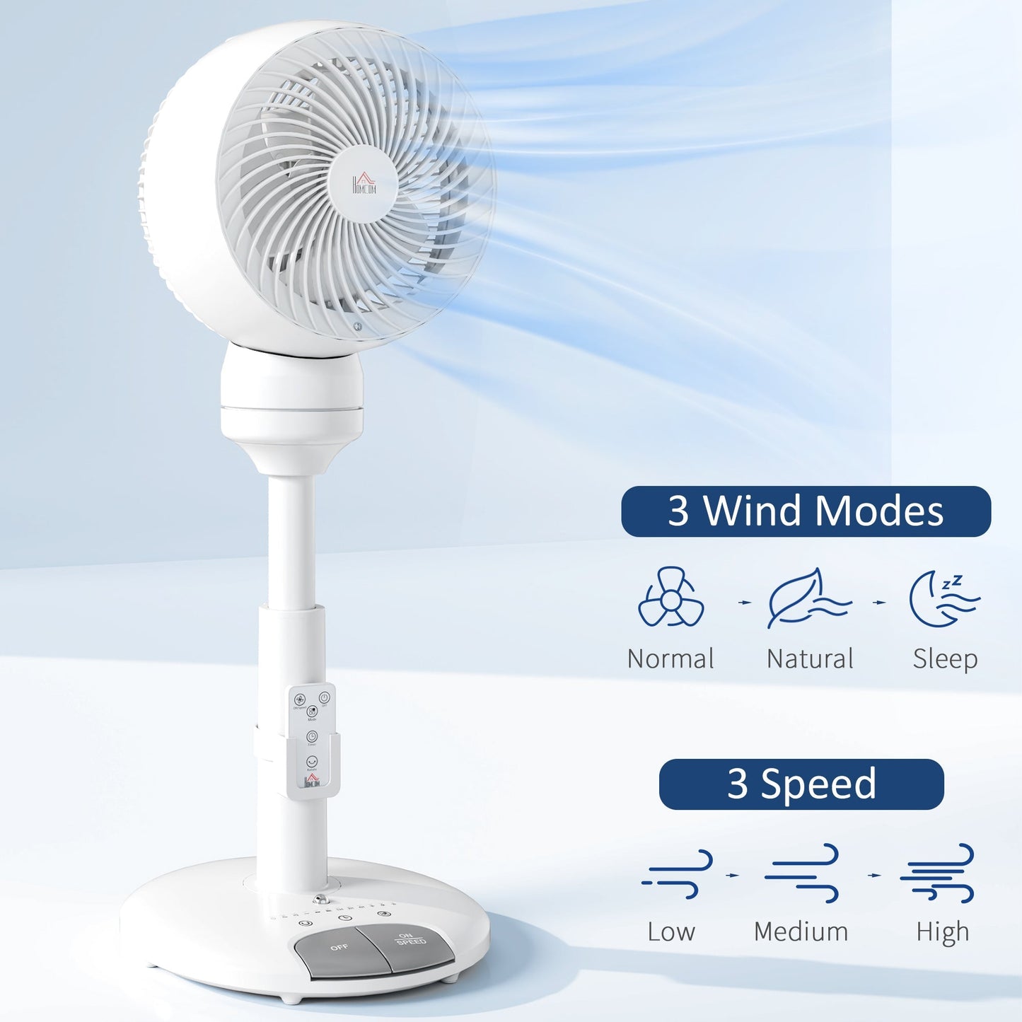 HOMCOM 9'' Air Circulator Fan 3 Speed 3 Mode, 70 degrees Oscillation 90 degrees Vertical Tilt, Remote Controller, for Living Room, Bedroom, Office, White