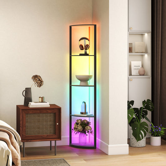 HOMCOM RGB LED Floor Lamp with Shelves, 4-Tier Dimmable Standing Lamp with Remote Control, Black