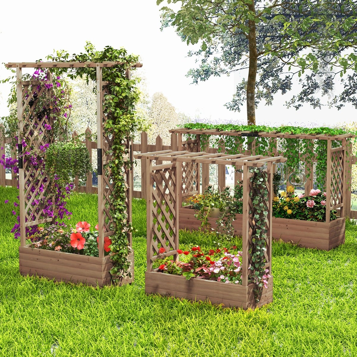 Raised Garden Bed Fir Wood Planter Box with 2-Sided Trellis and Hanging Roof-Brown