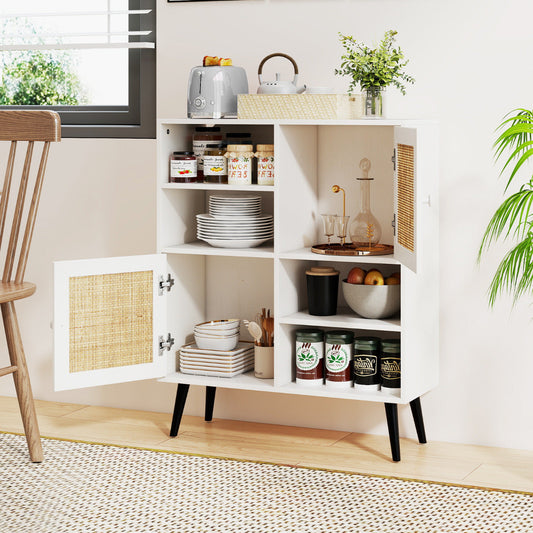 Rattan Sideboard Buffet Cabinet with 4 Cubbies and 2 Rattan-decorated Doors-White