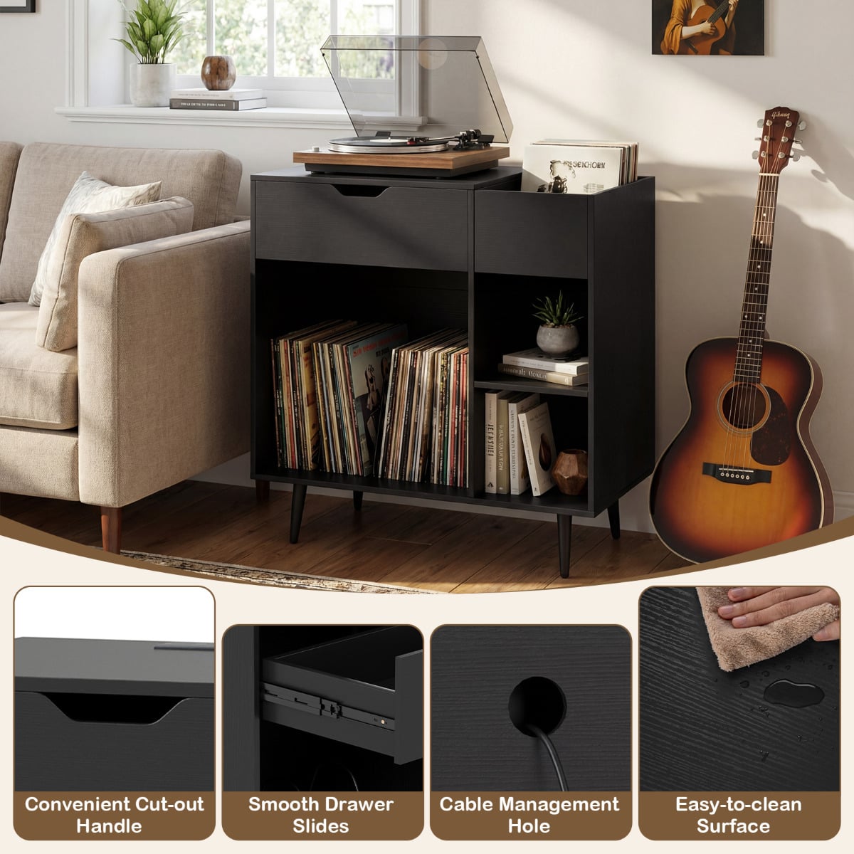 Record Player Stand with Built-In Power Strip and 3 Dividers-Black