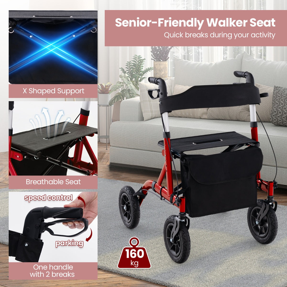 Foldable Rolling Walker with Seat-Red