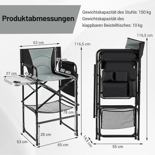 116.5 CM Tall Directors Chair with Foldable Side Table and Footrest-Grey