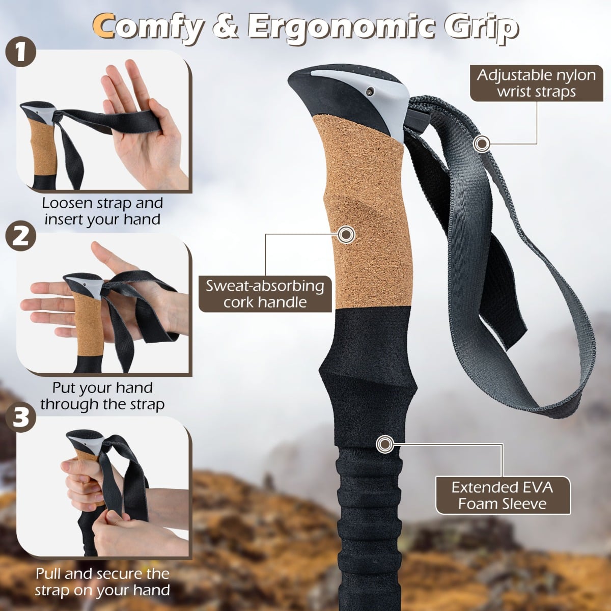 Retractable Hiking Poles Pair of 2 with EVA and Natural Cork Grips-Black
