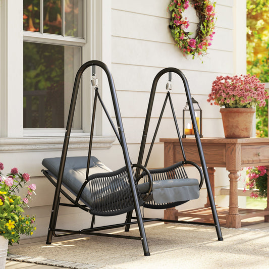 Outsunny Rattan Swing Chair, Outdoor Garden Hanging Swing Seat with Stand and Seat Cushion, Porch Hanging Chair for Balcony, Garden, Deck, Dark Grey