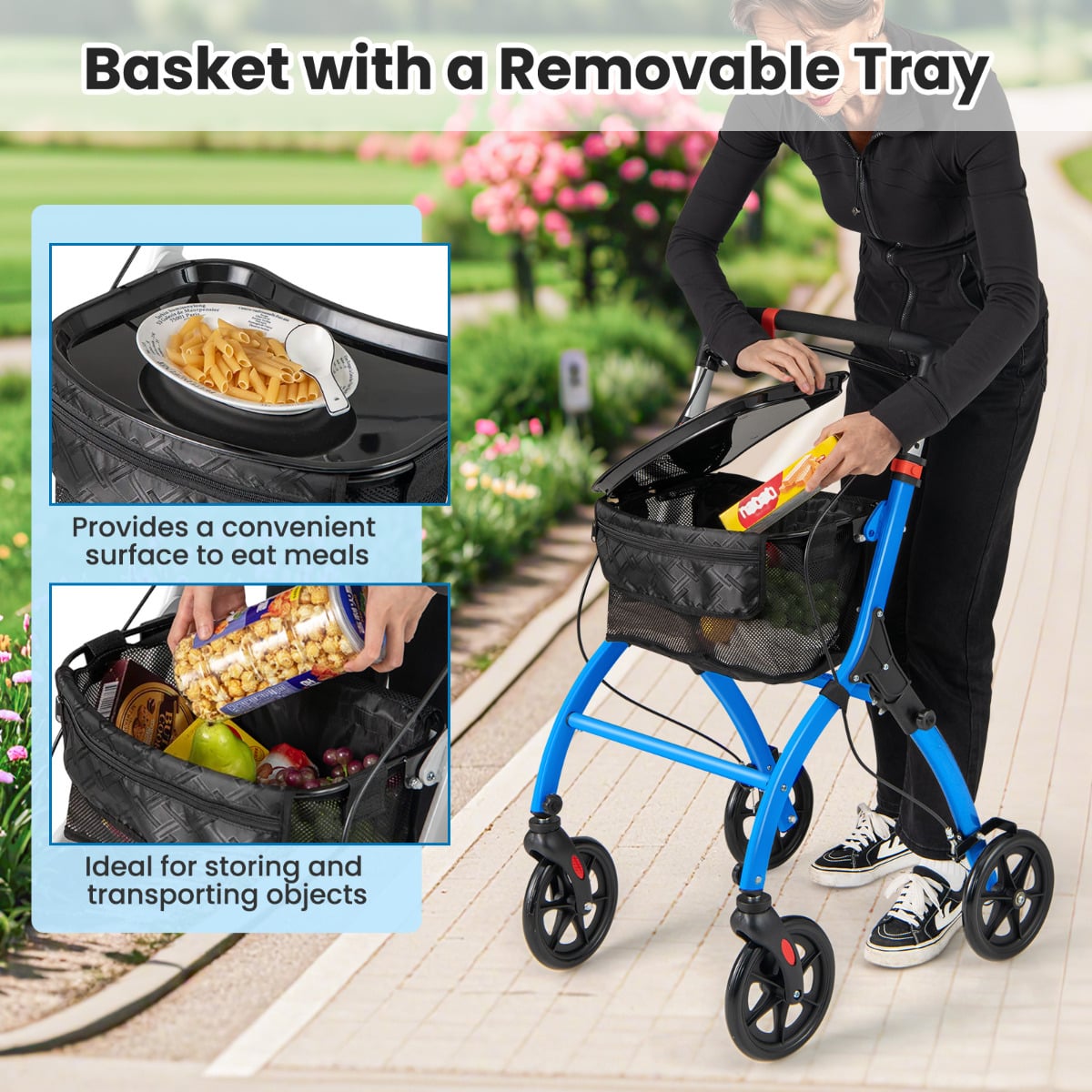 Rollator Walkers Lightweight Foldable Rolling Walker with Tray for Seniors-Black & Blue