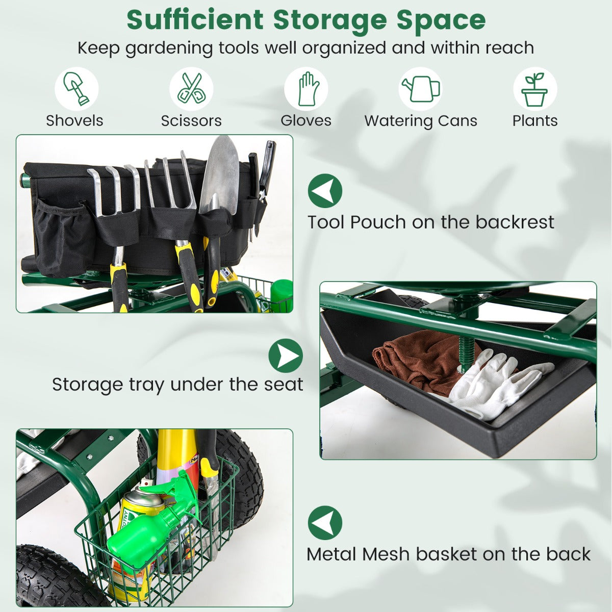 Rolling Garden Cart with Adjustable Height and Tool Tray-Green