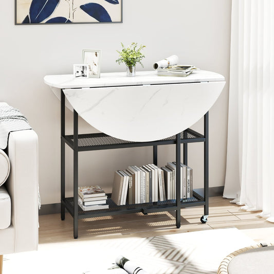 Round Kitchen Table Modern Dining Table with Drop Leaf Tabletop-White