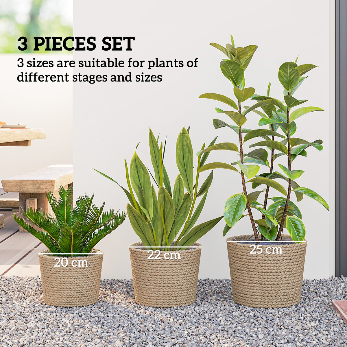 Outsunny Seagrass Planters Set of 3 Plant Pots for Indoor Outdoor Patio Balcony Natural