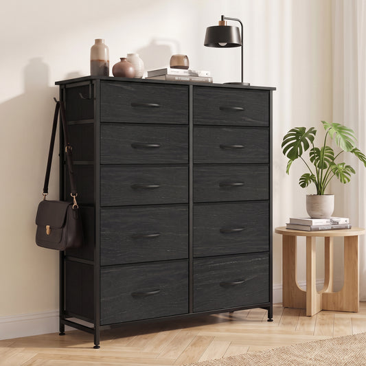 HOMCOM Chest of Drawers, Dresser with 10 Fabric Drawers, Tall Storage Unit with 4 Pockets and 2 Hooks Steel Frame, Black