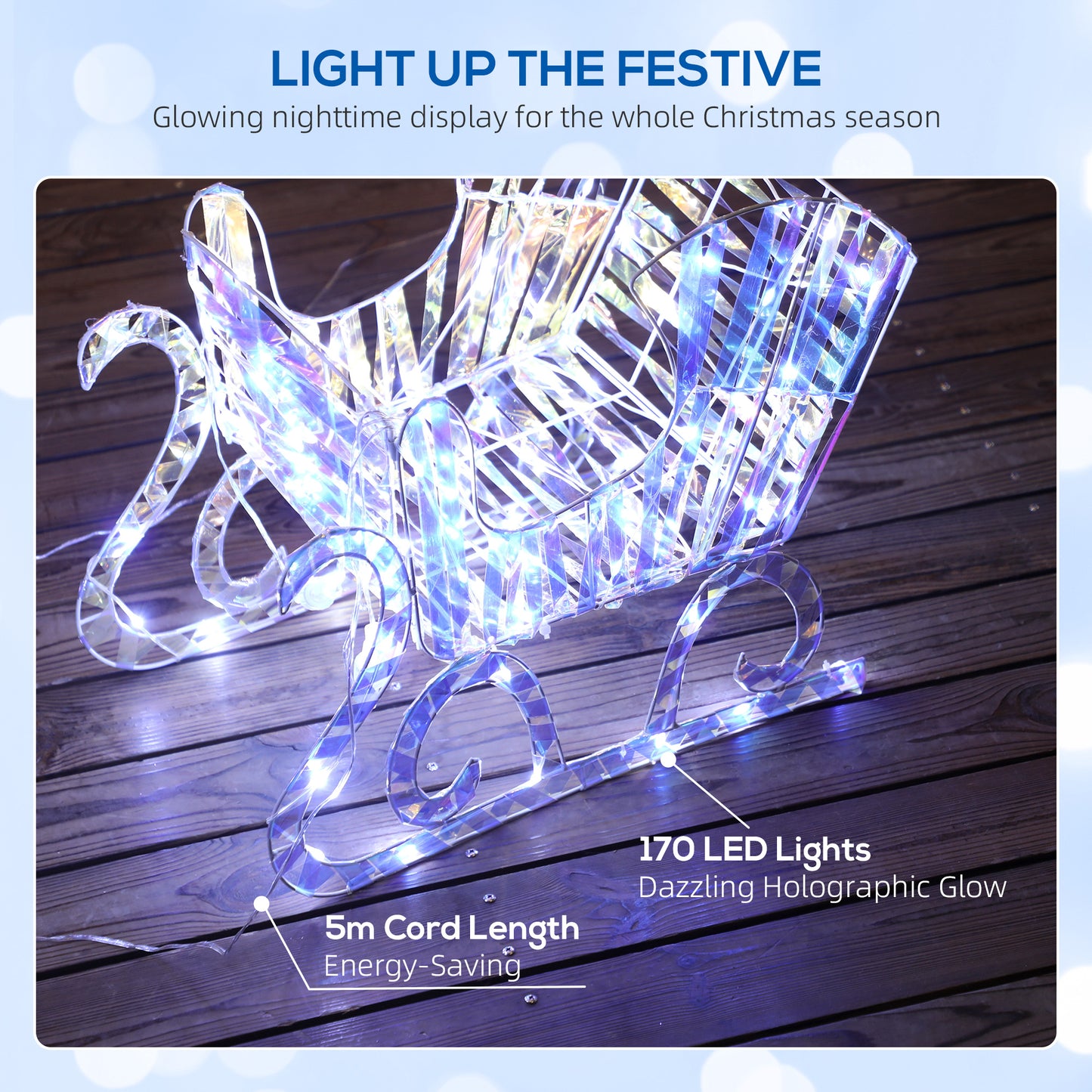Outsunny Lighted Christmas Reindeer with Sleigh, Outdoor Yard Reindeer with 170 Warm White LED Lights, Holiday Decor with Stakes, Waterproof, Silver