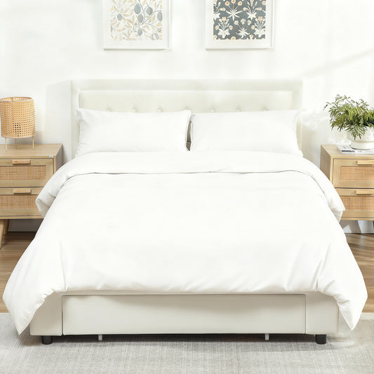 HOMCOM Double Ottoman Bed Frame, with Front Drawer - Cream