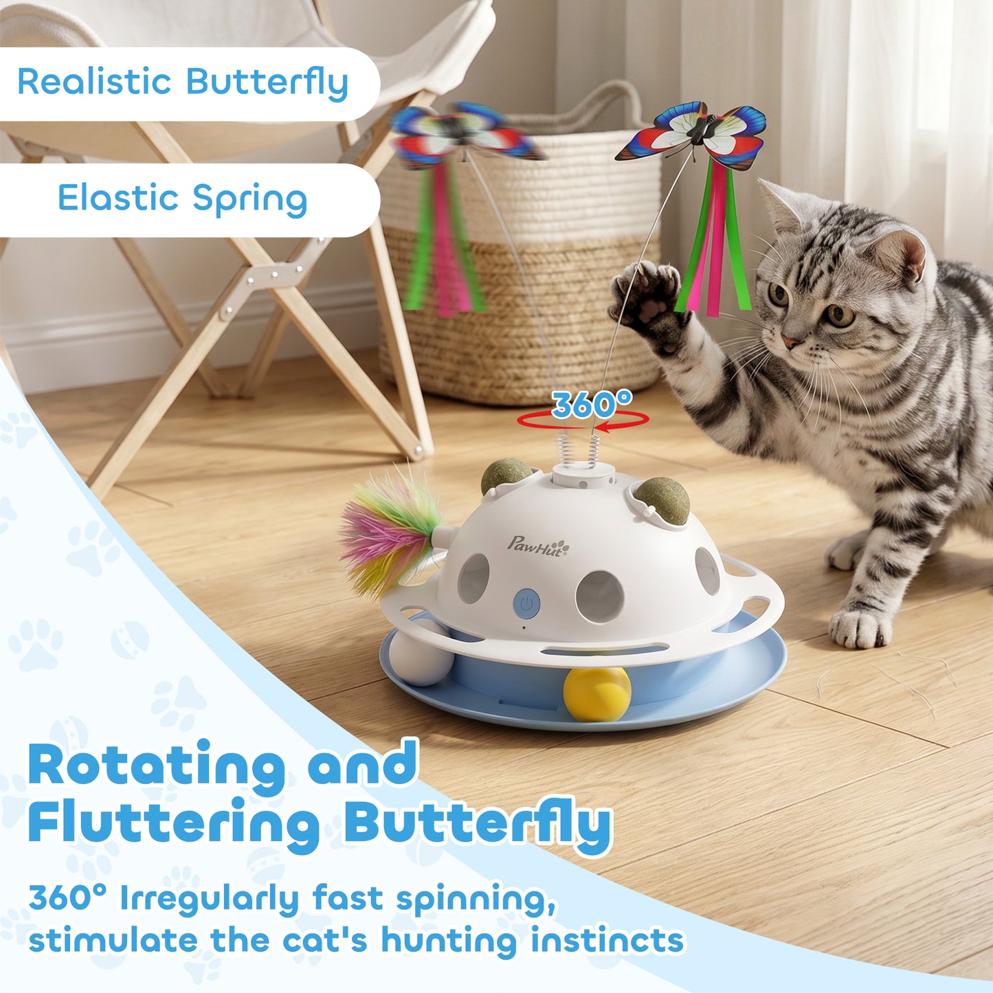 PawHut 4-in-1 Interactive Cat Toys for Indoor Cats Adult with Spinning Butterfly, Shooting Feathers & Catnip Balls