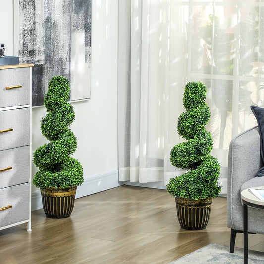 HOMCOM Set of 2 Artificial Plants, Topiary Spiral Boxwood Trees with Pot, for Home Indoor Outdoor Decor, 90cm