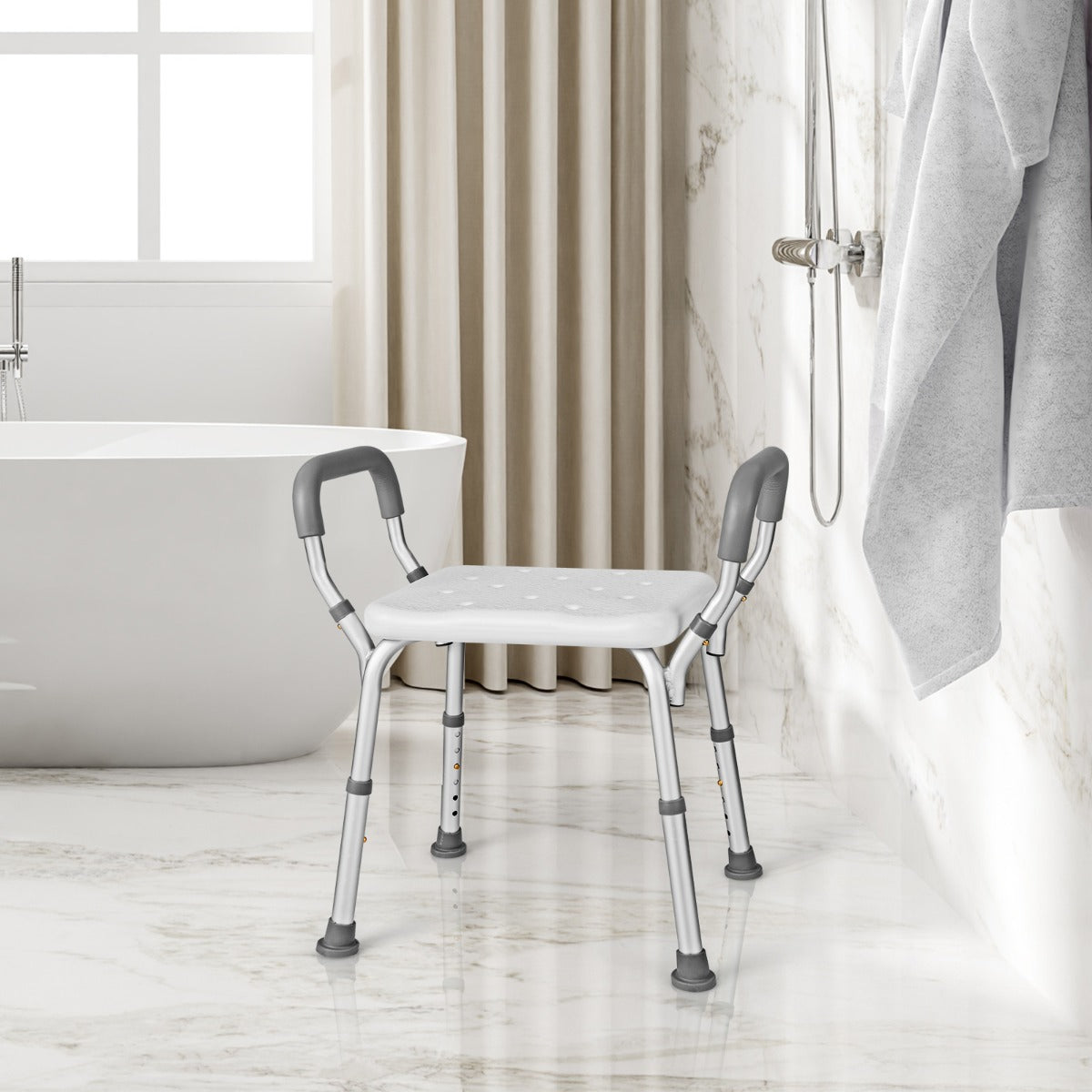 Shower Seat with Detachable Padded Armrests and Non-Slip Rubber Feet, Shower Chair 6 Adjustable Heights Grey