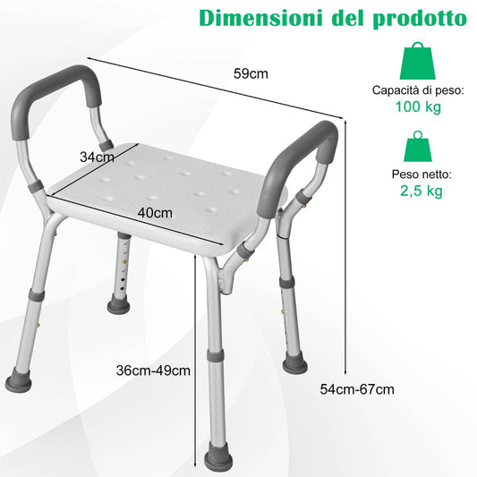 Shower Seat with Detachable Padded Armrests and Non-Slip Rubber Feet, Shower Chair 6 Adjustable Heights Grey