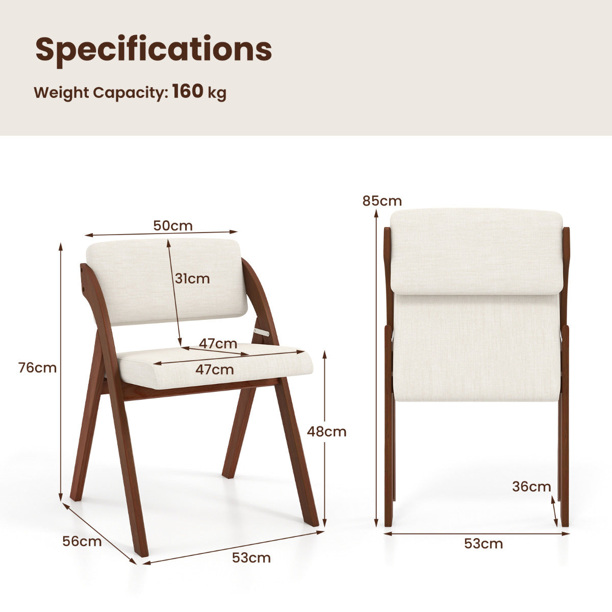 Set of 2 Dining Chairs Folding Kitchen Chair with Rubber Wood Legs-Walnut