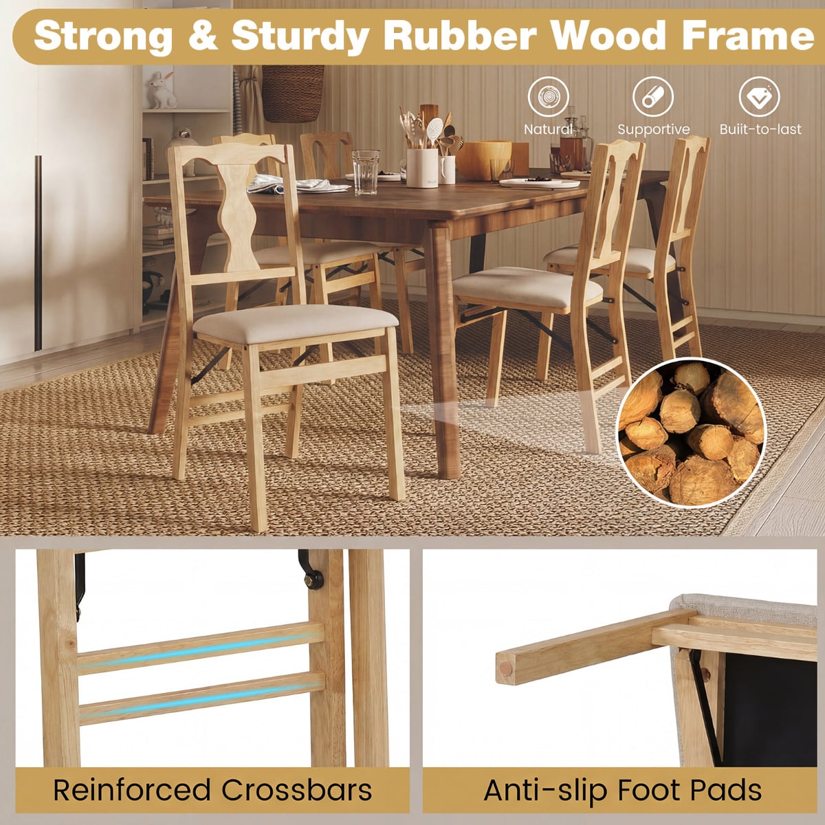 Set of 2 Folding Dining Chairs with Soft Padded Seat and Smooth Solid Backrest-Beige